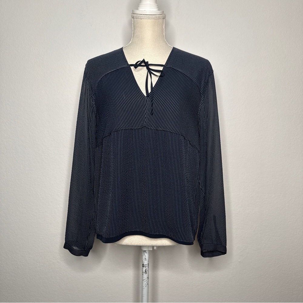 Rag & Bone Navy White Stripe Silk Blend Tie Neck Blouse Long Sleeve Size S